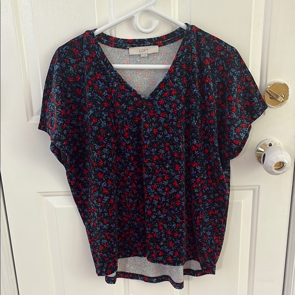LOFT Blue and Red Flutter Sleeve Blouse